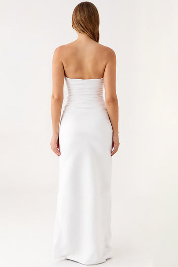Strapless Ivory Satin Ruched Simple Evening Dress